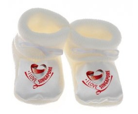 Chausson bébé I Love Singapore de couleur Blanc