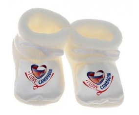Chausson bébé I Love Cambodia de couleur Blanc
