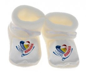 Chausson bébé I Love Romania de couleur Blanc