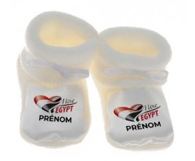 Chausson bébé I love Egypt avec prénom de couleur Blanc