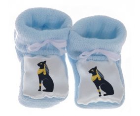 Chausson bébé Chat égyptien noir bastet déesse de l'egypte ancienne de couleur Bleu