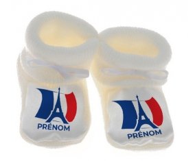 Chausson bébé Drapreau France + Tour Eiffel avec prénom de couleur Blanc