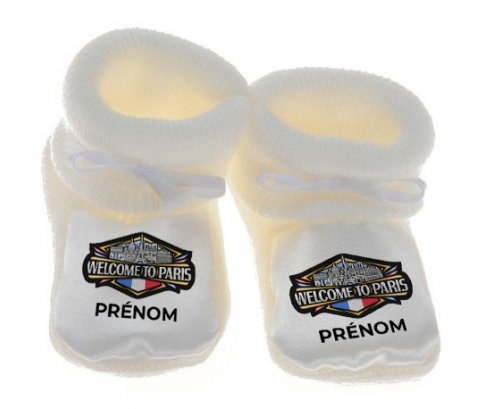 Chausson bébé Welcome to Paris avec prénom de couleur Blanc
