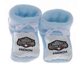 Chausson bébé Welcome to Paris avec prénom de couleur Bleu