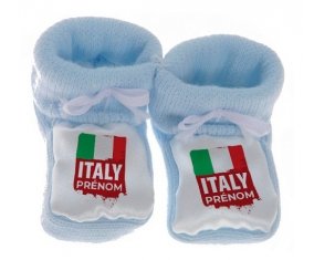 Chausson bébé Drapeau Italie avec prénom de couleur Bleu