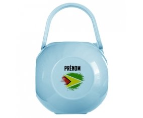 Boîte à tétine Drapeau effet pinceau Guyane avec prénom de couleur Bleue
