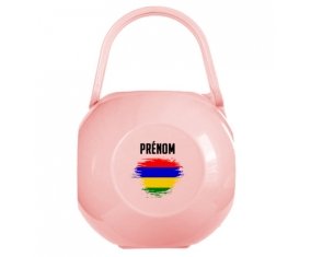 Boîte à tétine Drapeau effet pinceau Ile Maurice avec prénom de couleur Rose