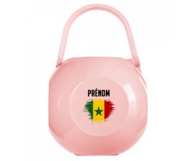 Boîte à tétine Drapeau effet pinceau Sénégal avec prénom de couleur Rose
