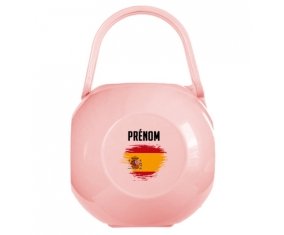 Boîte à tétine Drapeau effet pinceau Espagne avec prénom de couleur Rose