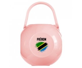 Boîte à tétine Drapeau effet pinceau Tanzanie avec prénom de couleur Rose