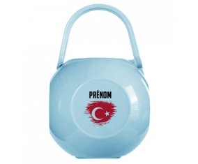Boîte à tétine Drapeau effet pinceau Turquie avec prénom de couleur Bleue