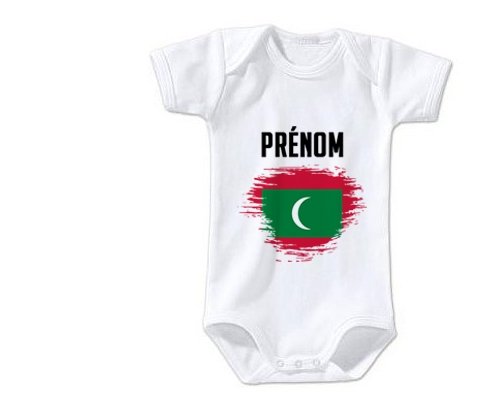 Body bébé Drapeau effet pinceau Maldives avec prénom taille 3/6 mois manches Courtes