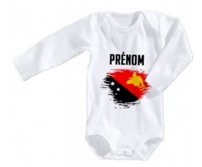 Body bébé Drapeau effet pinceau Papouasie Nouvelle Guinée avec prénom taille 3/6 mois manches Longues