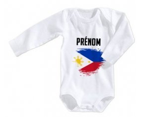 Body bébé Drapeau effet pinceau Philippines avec prénom taille 3/6 mois manches Longues