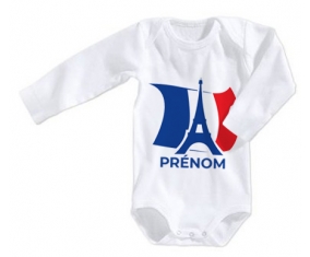 Body bébé Drapreau France + Tour Eiffel avec prénom taille 3/6 mois manches Longues