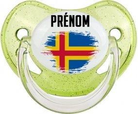 Drapeau effet pinceau Iles Aland avec prénom Sucette Physiologique Vert à paillette