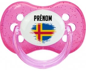 Drapeau effet pinceau Iles Aland avec prénom Tétine Cerise Rose à paillette