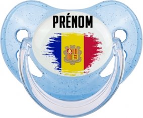 Drapeau effet pinceau Andorre avec prénom Sucette Physiologique Bleue à paillette