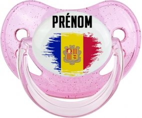 Drapeau effet pinceau Andorre avec prénom Sucette Physiologique Rose à paillette