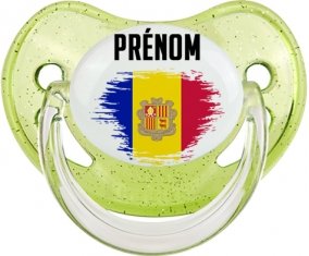 Drapeau effet pinceau Andorre avec prénom Sucette Physiologique Vert à paillette
