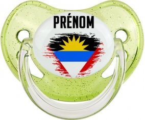 Drapeau effet pinceau Antigua-et-Barbuda avec prénom Sucette Physiologique Vert à paillette