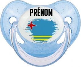 Drapeau effet pinceau Aruba avec prénom Sucette Physiologique Bleue à paillette