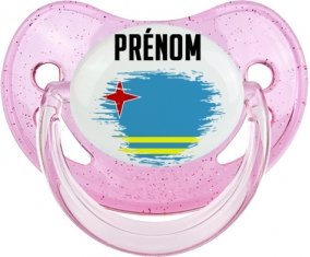 Drapeau effet pinceau Aruba avec prénom Sucette Physiologique Rose à paillette