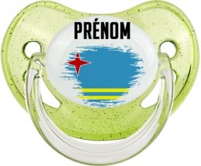 Drapeau effet pinceau Aruba avec prénom Sucette Physiologique Vert à paillette