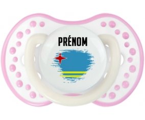 Drapeau effet pinceau Aruba avec prénom Sucette LOVI Dynamic Blanc-rose phosphorescente