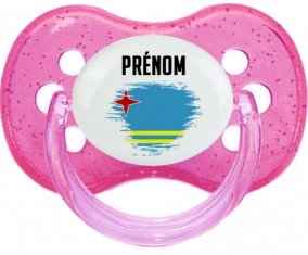 Drapeau effet pinceau Aruba avec prénom Sucette Cerise Rose à paillette