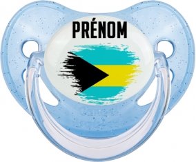 Drapeau effet pinceau Bahamas avec prénom Sucette Physiologique Bleue à paillette