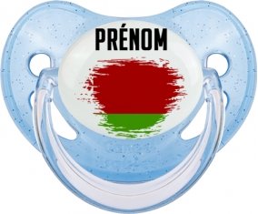 Drapeau effet pinceau Biélorussie avec prénom Sucette Physiologique Bleue à paillette