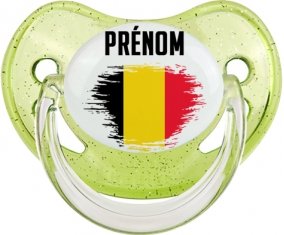 Drapeau effet pinceau Belgique avec prénom Sucette Physiologique Vert à paillette