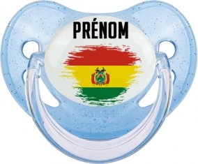 Drapeau effet pinceau Bolivie avec prénom Tétine Physiologique Bleue à paillette