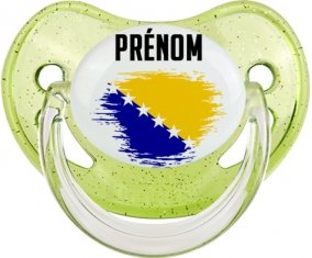 Drapeau effet pinceau Bosnie Herzégovine avec prénom Sucette Physiologique Vert à paillette