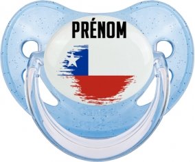 Drapeau effet pinceau Chili avec prénom Sucette Physiologique Bleue à paillette