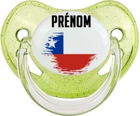 Drapeau effet pinceau Chili avec prénom Sucette Physiologique Vert à paillette