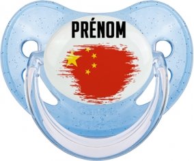 Drapeau effet pinceau Chine avec prénom Sucette Physiologique Bleue à paillette