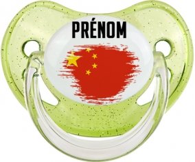Drapeau effet pinceau Chine avec prénom Sucette Physiologique Vert à paillette