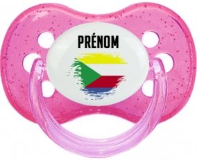 Drapeau effet pinceau Comores avec prénom Tétine Cerise Rose à paillette