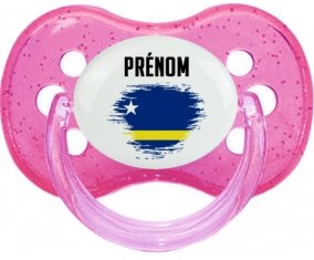 Drapeau effet pinceau Curacao avec prénom Sucette Cerise Rose à paillette