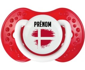 Drapeau effet pinceau Danemark avec prénom Tétine LOVI Dynamic Blanc-rouge classique