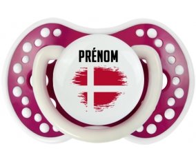 Drapeau effet pinceau Danemark avec prénom Tétine LOVI Dynamic Fuchsia phosphorescente