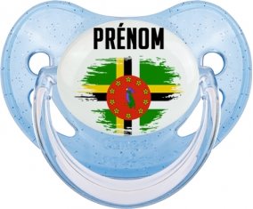 Drapeau effet pinceau Dominique avec prénom Sucette Physiologique Bleue à paillette