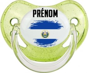 Drapeau effet pinceau Le Salvador avec prénom Sucette Physiologique Vert à paillette