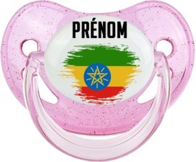 Drapeau effet pinceau Ethiopie avec prénom Tétine Physiologique Rose à paillette