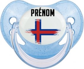 Drapeau effet pinceau Îles Féroé avec prénom Sucette Physiologique Bleue à paillette