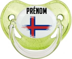 Drapeau effet pinceau Îles Féroé avec prénom Sucette Physiologique Vert à paillette