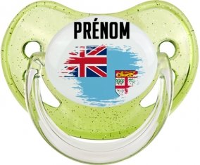 Drapeau effet pinceau Fidji avec prénom Tétine Physiologique Vert à paillette