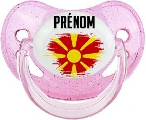 Drapeau effet pinceau Macédoine du Nord avec prénom Sucette Physiologique Rose à paillette